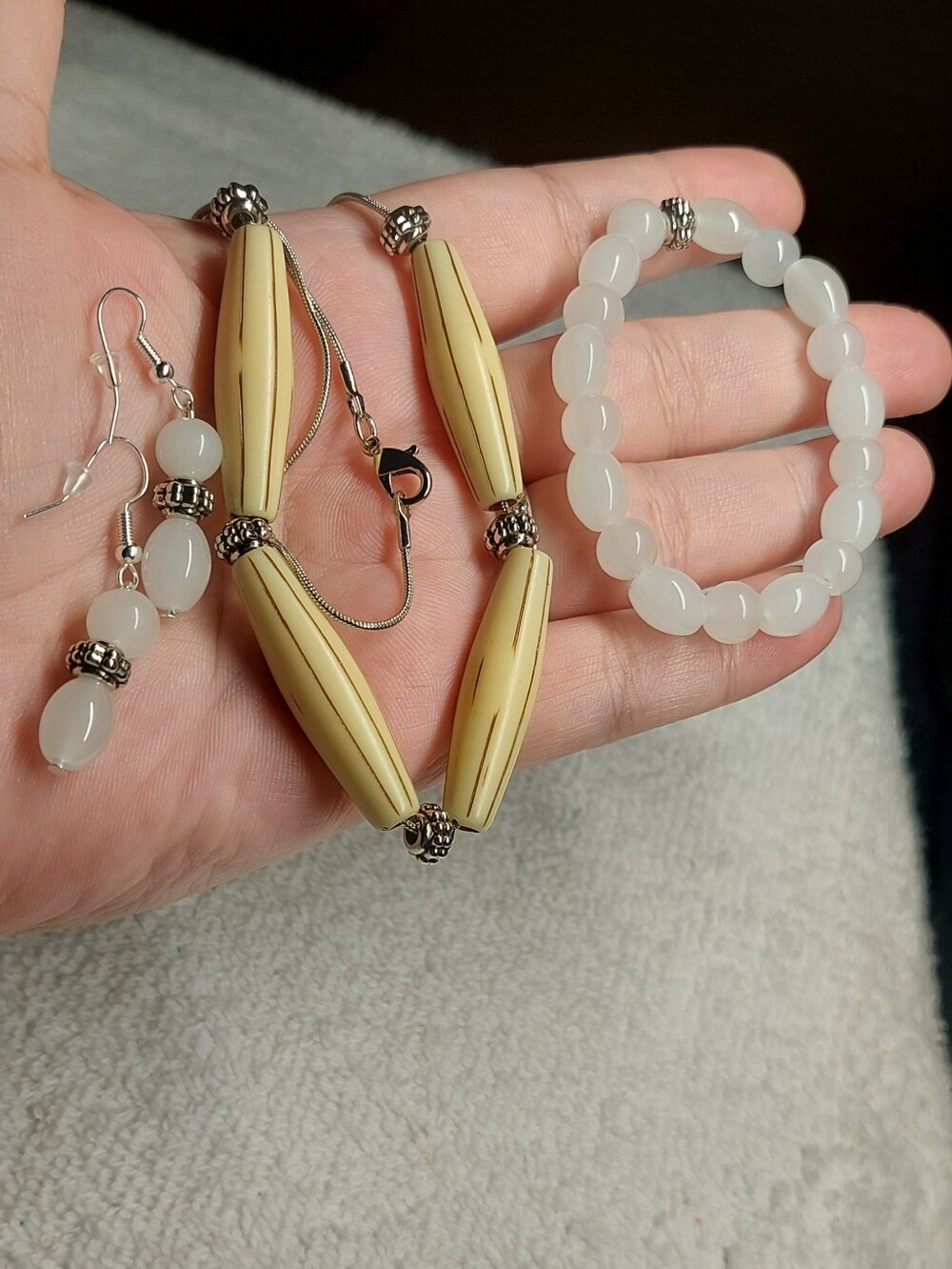 Cream Bead Necklace and White Bead Bracelet Earring Jewelry Set